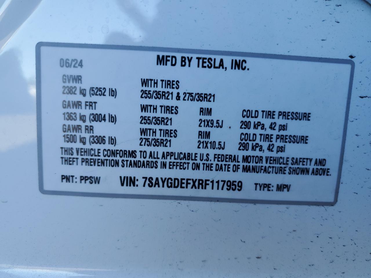 2024 TESLA MODEL Y  VIN:7SAYGDEFXRF117959