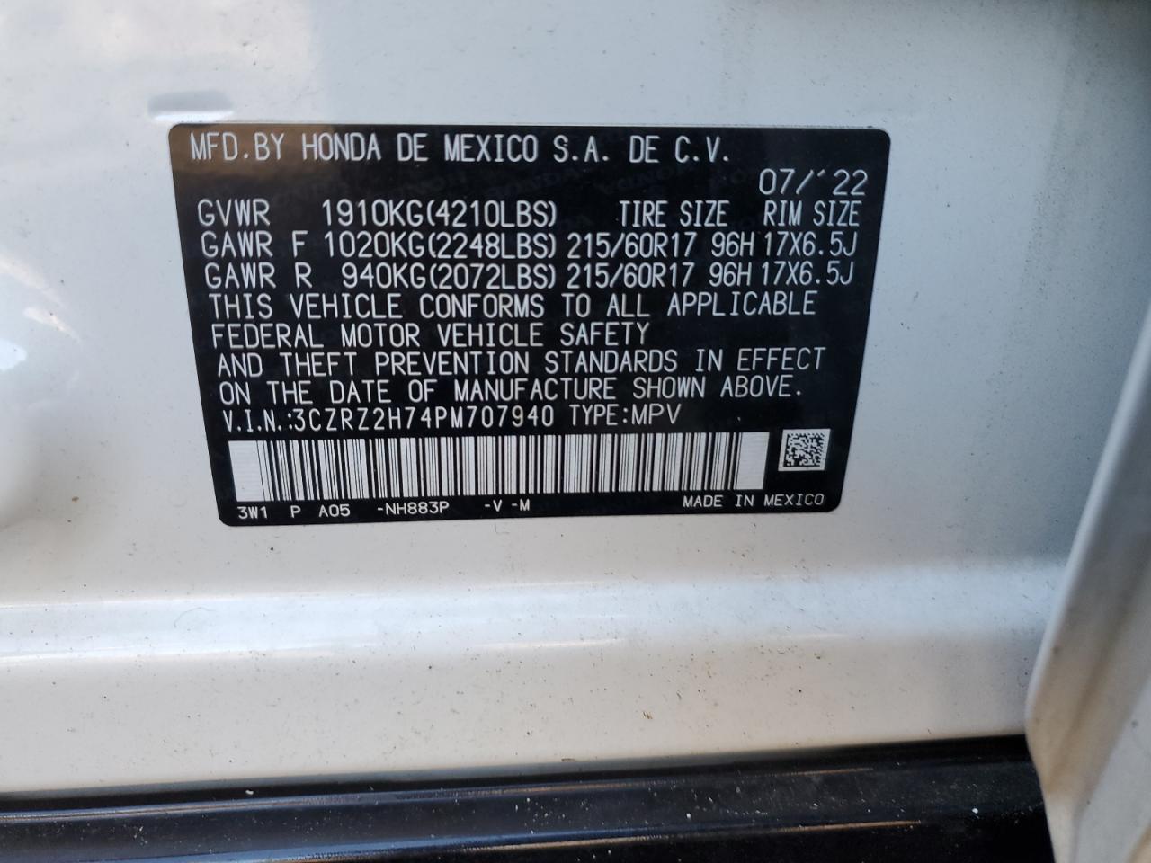 2023 HONDA HR-V EXL VIN:3CZRZ2H74PM707940