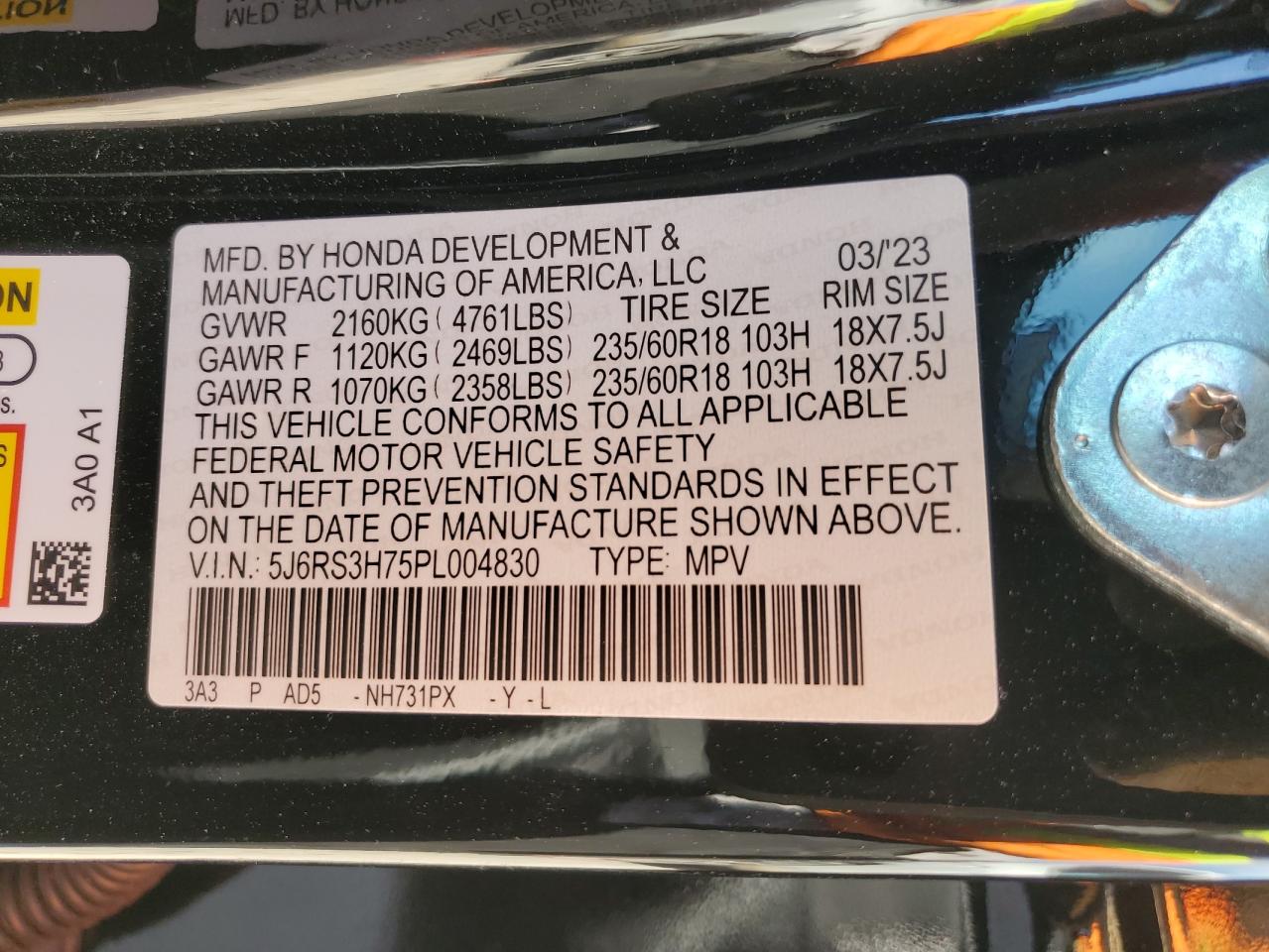 2023 HONDA CR-V EXL VIN:5J6RS3H75PL004830