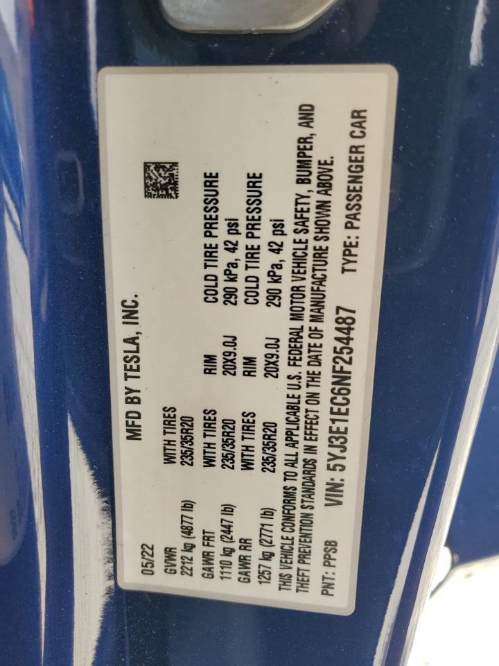 2022 TESLA MODEL 3  VIN:5YJ3E1EC6NF254487