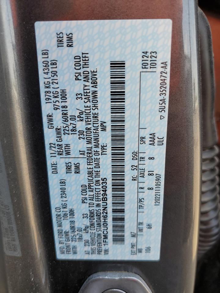 2022 FORD ESCAPE SEL VIN:1FMCU0H62NUB94035