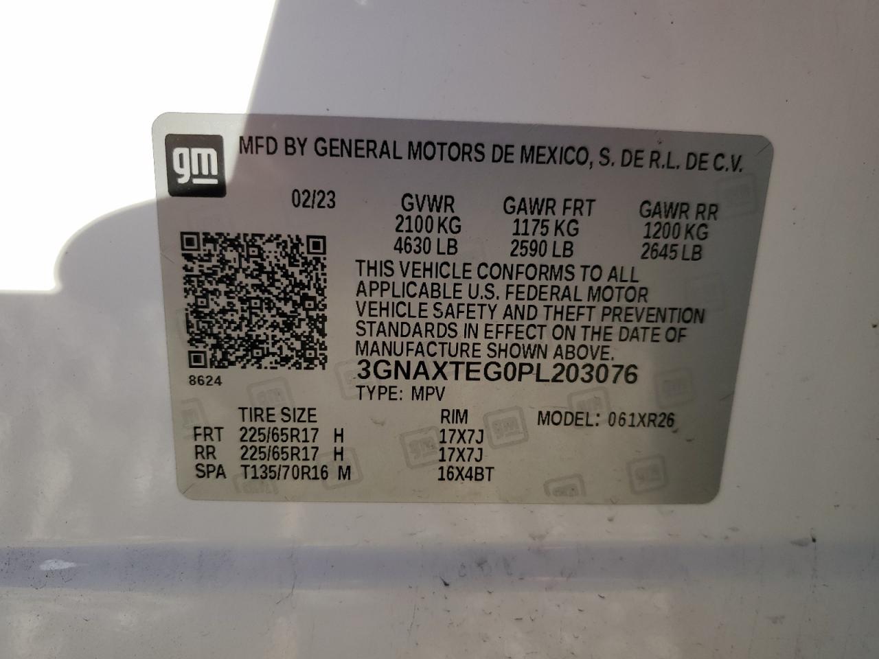 2023 CHEVROLET EQUINOX LT VIN:3GNAXTEG0PL203076