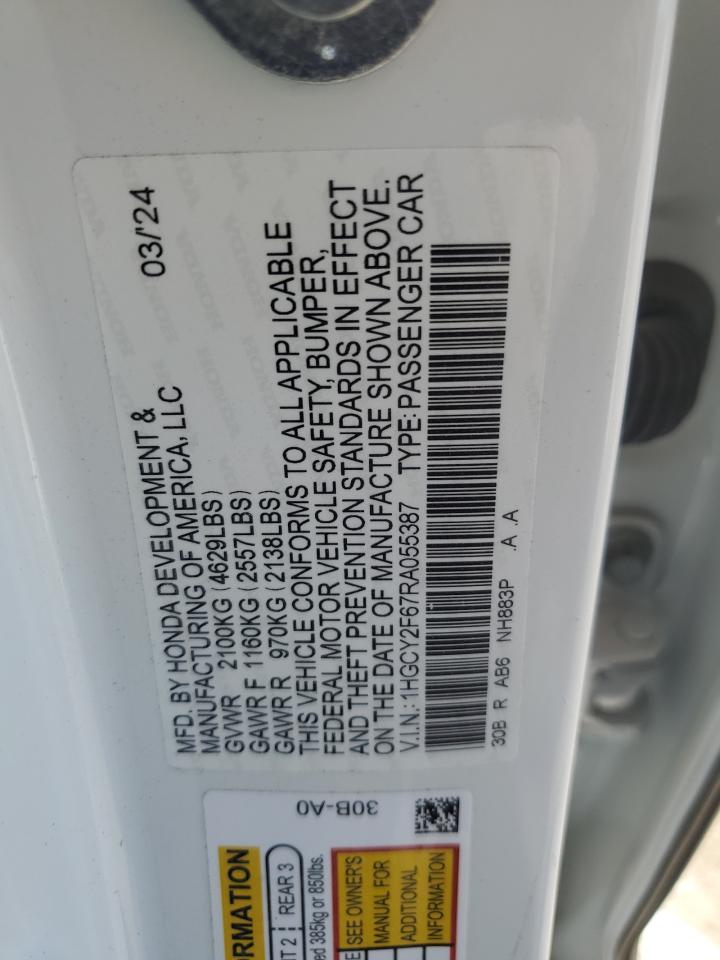 2024 HONDA ACCORD HYBRID EXL VIN:1HGCY2F67RA055387