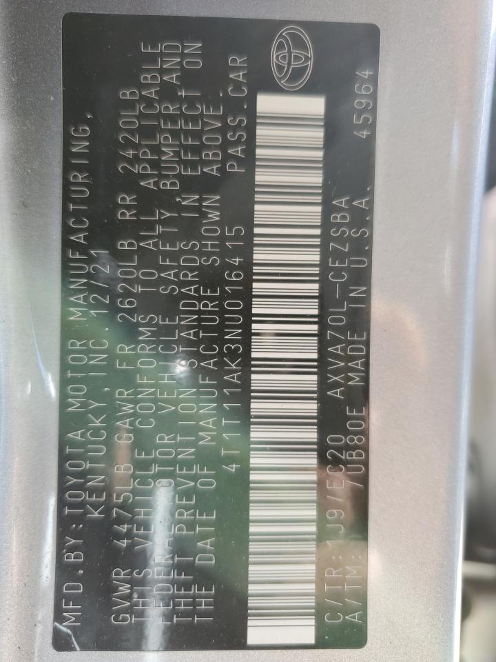 2022 TOYOTA CAMRY SE VIN:4T1T11AK3NU016415