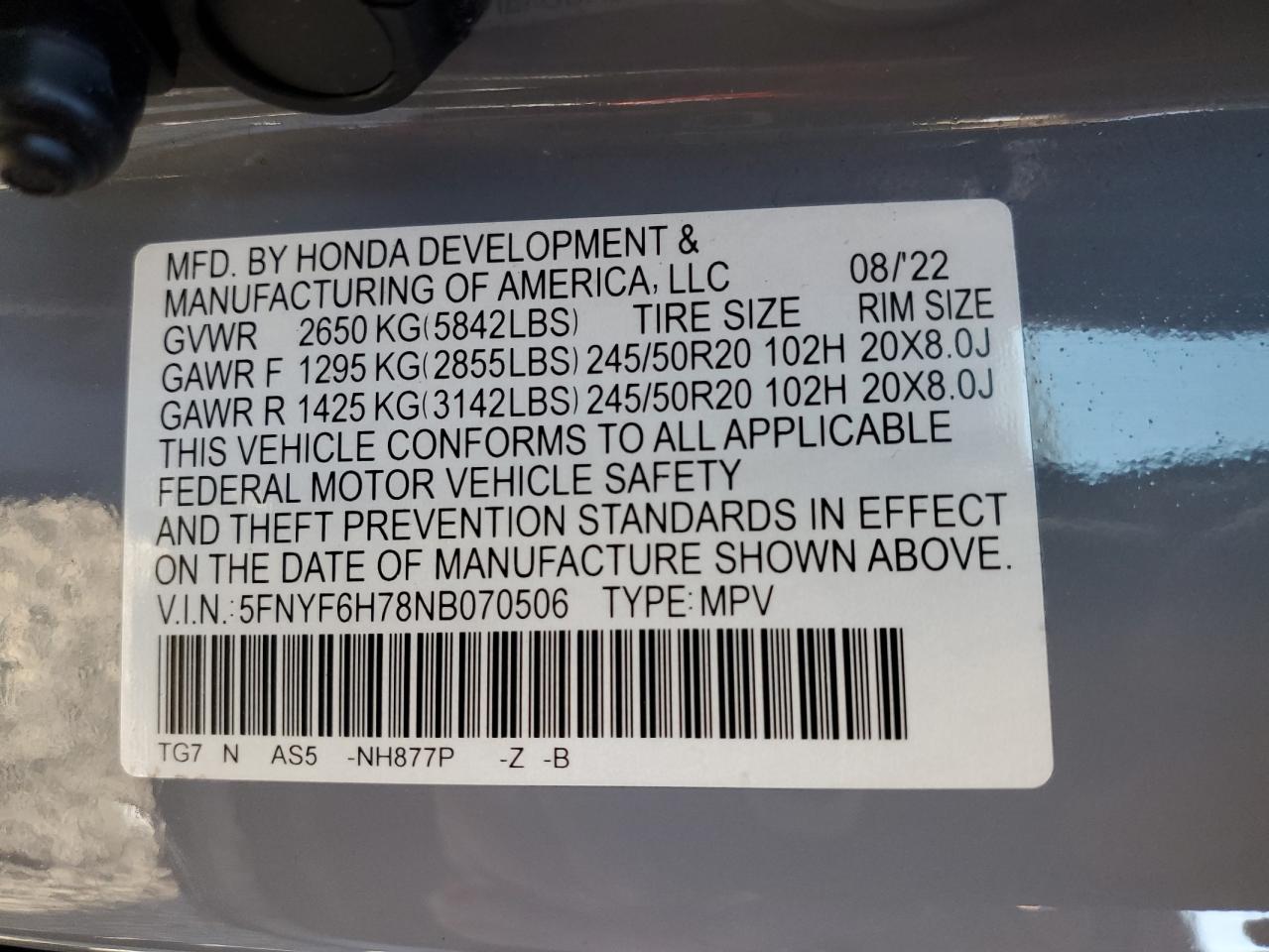 2022 HONDA PILOT BLACK VIN:5FNYF6H78NB070506
