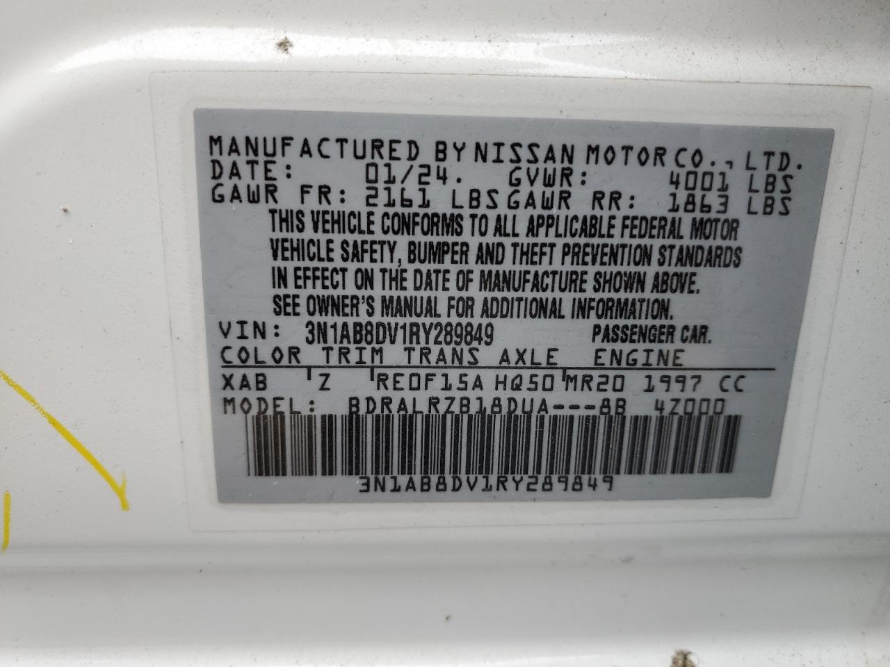 2024 NISSAN SENTRA SR VIN:3N1AB8DV1RY289849