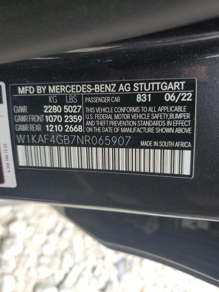 2022 MERCEDES-BENZ C 300 VIN:W1KAF4GB7NR065907