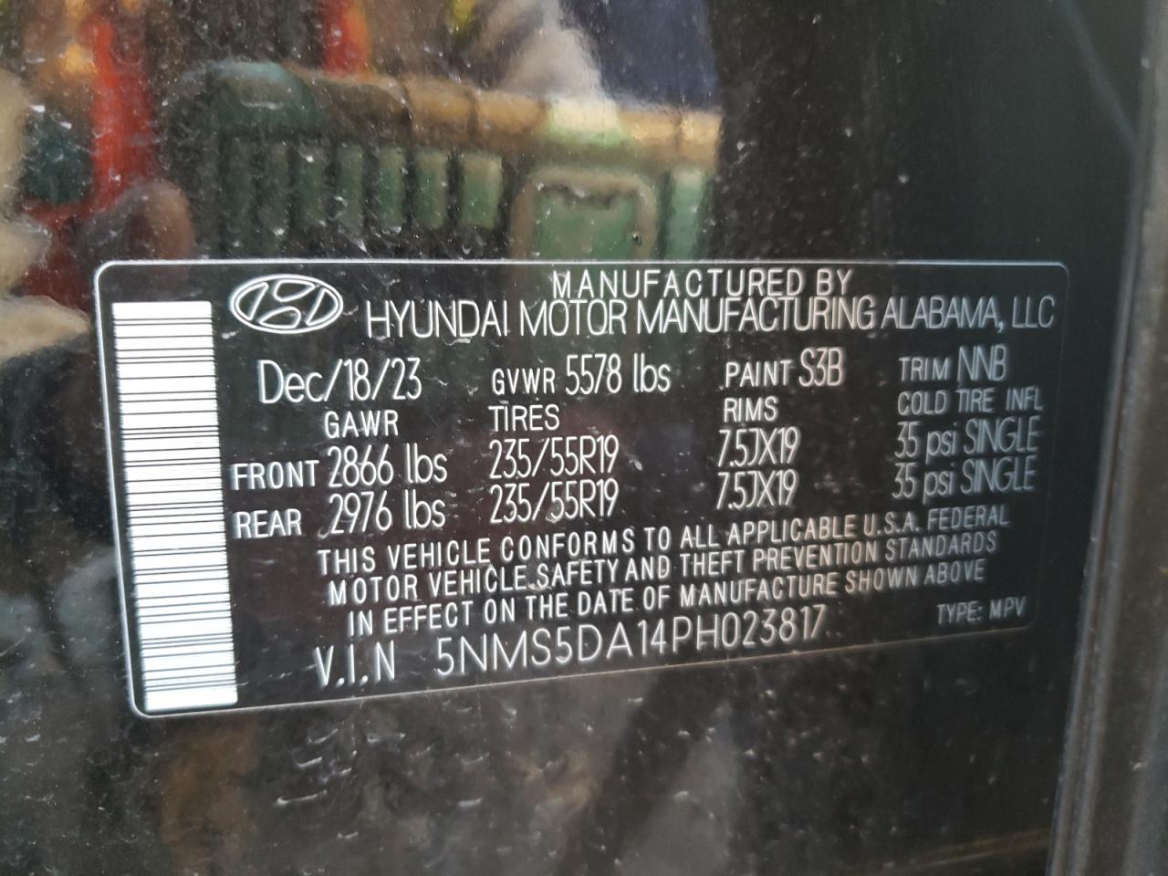 2023 HYUNDAI SANTA FE LIMITED VIN:5NMS5DA14PH023817