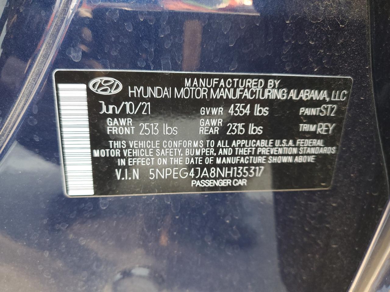 2022 HYUNDAI SONATA SE VIN:5NPEG4JA8NH135317