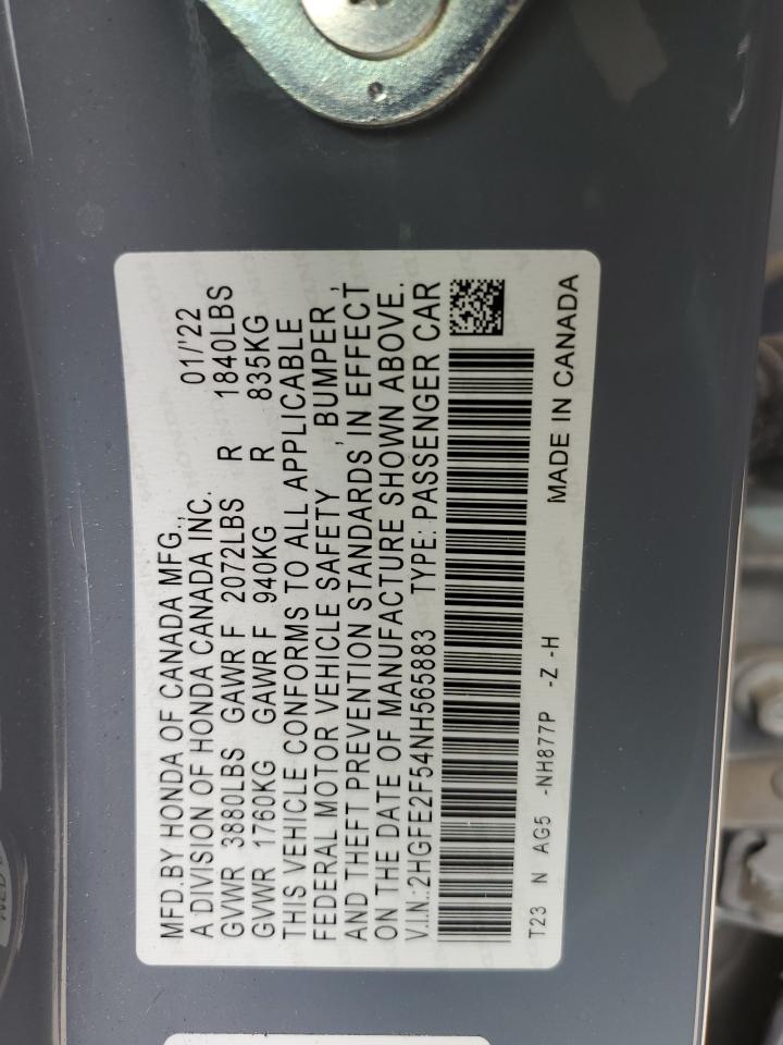 2022 HONDA CIVIC SPORT VIN:2HGFE2F54NH565883