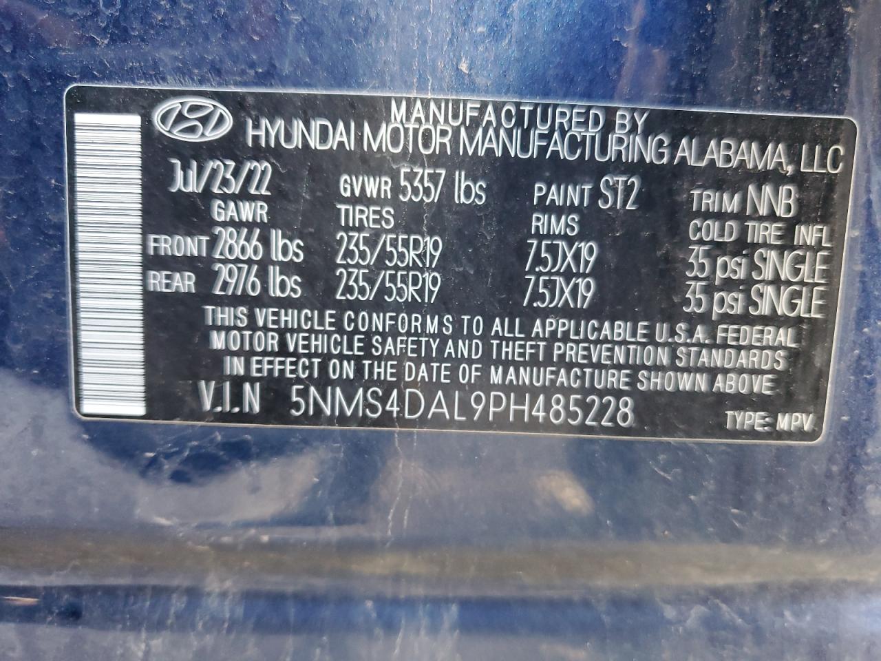 2023 HYUNDAI SANTA FE LIMITED VIN:5NMS4DAL9PH485228