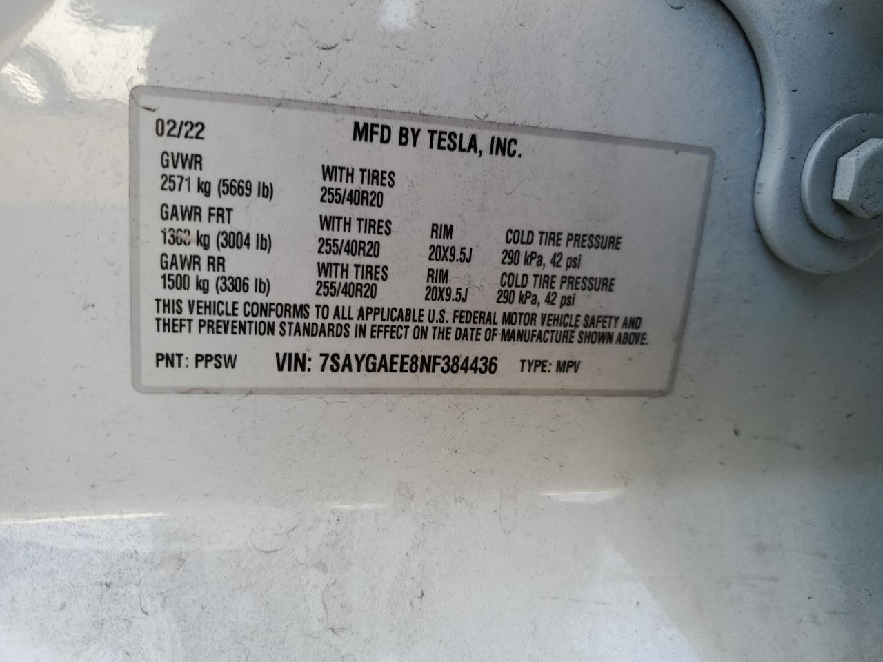 2022 TESLA MODEL Y  VIN:7SAYGAEE8NF384436