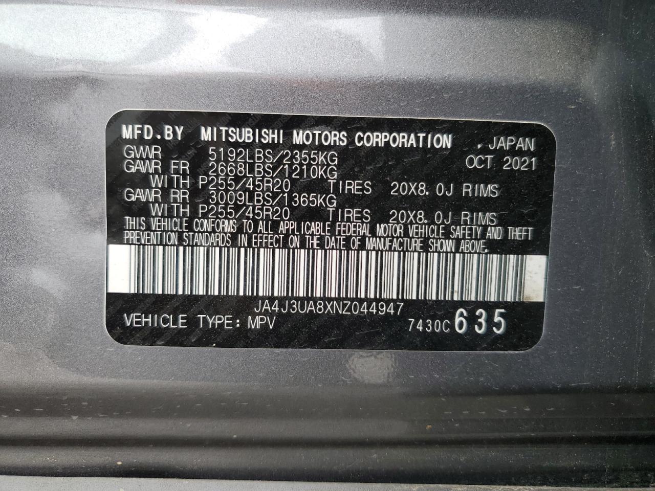 2022 MITSUBISHI OUTLANDER SE VIN:JA4J3UA8XNZ044947