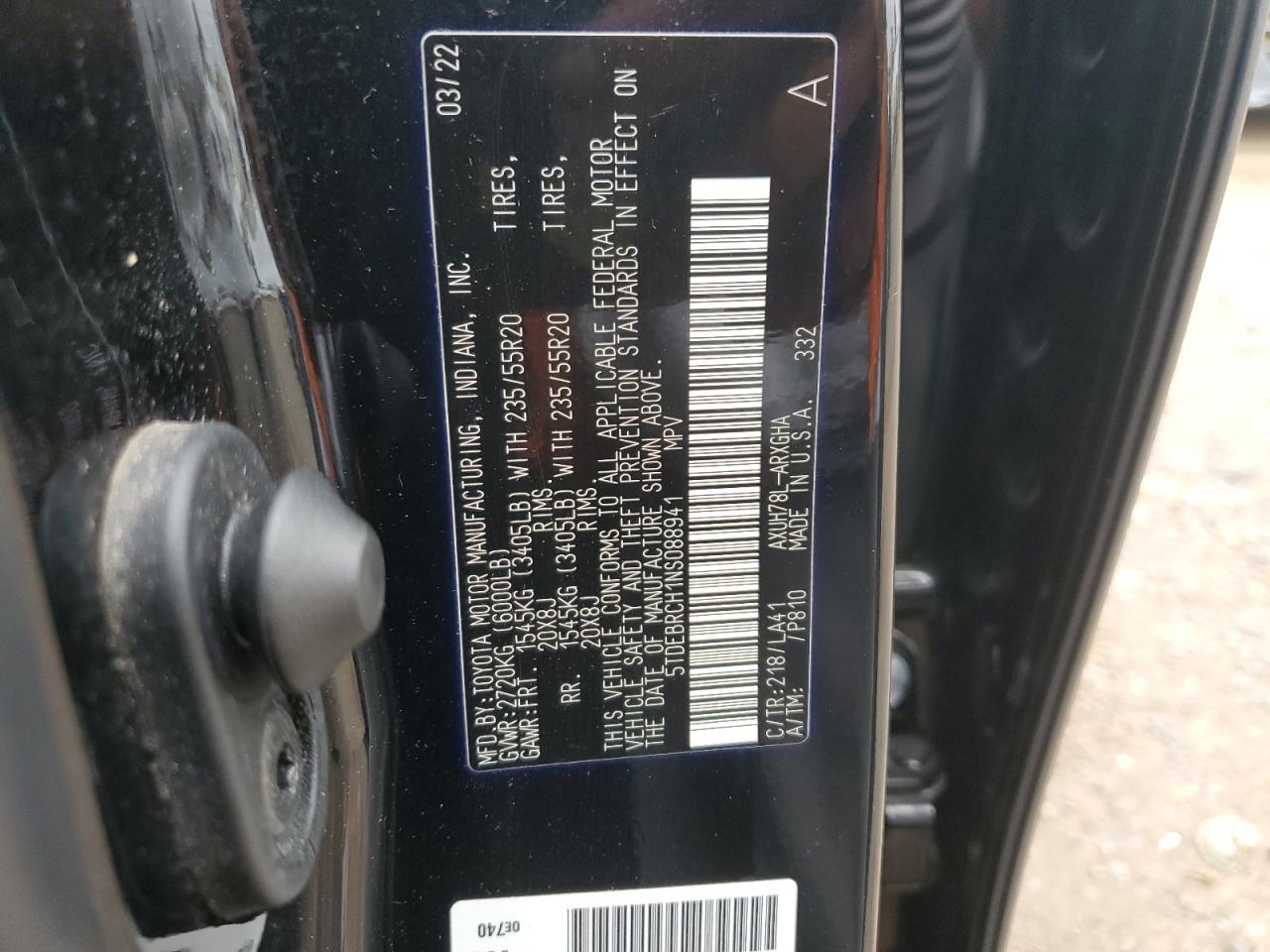 2022 TOYOTA HIGHLANDER HYBRID PLATINUM VIN:5TDEBRCH1NS088941