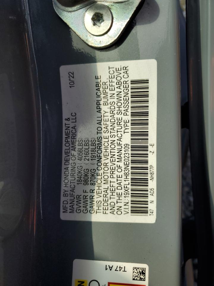 2022 HONDA CIVIC SPORT TOURING VIN:19XFL1H83NE023109