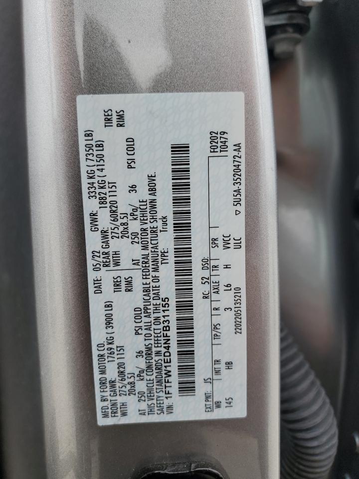 2022 FORD F150 SUPERCREW VIN:1FTFW1ED4NFB31155