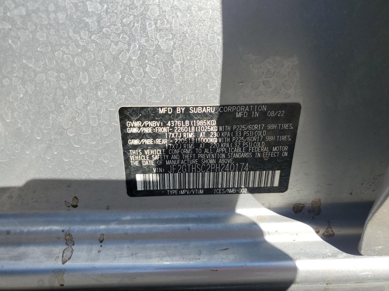 2023 SUBARU CROSSTREK SPORT VIN:JF2GTHSC2PH240174