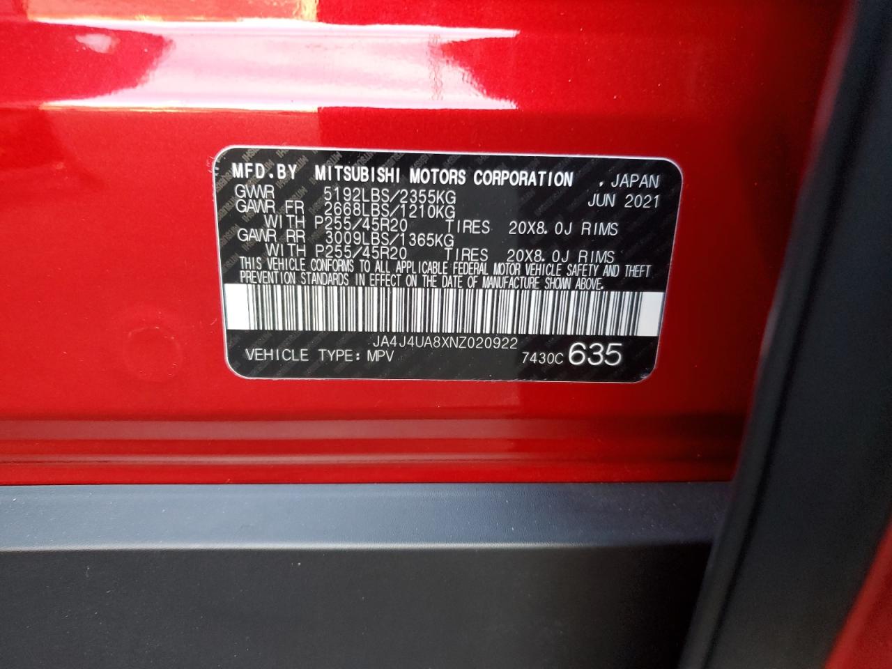 2022 MITSUBISHI OUTLANDER SE VIN:JA4J4UA8XNZ020922