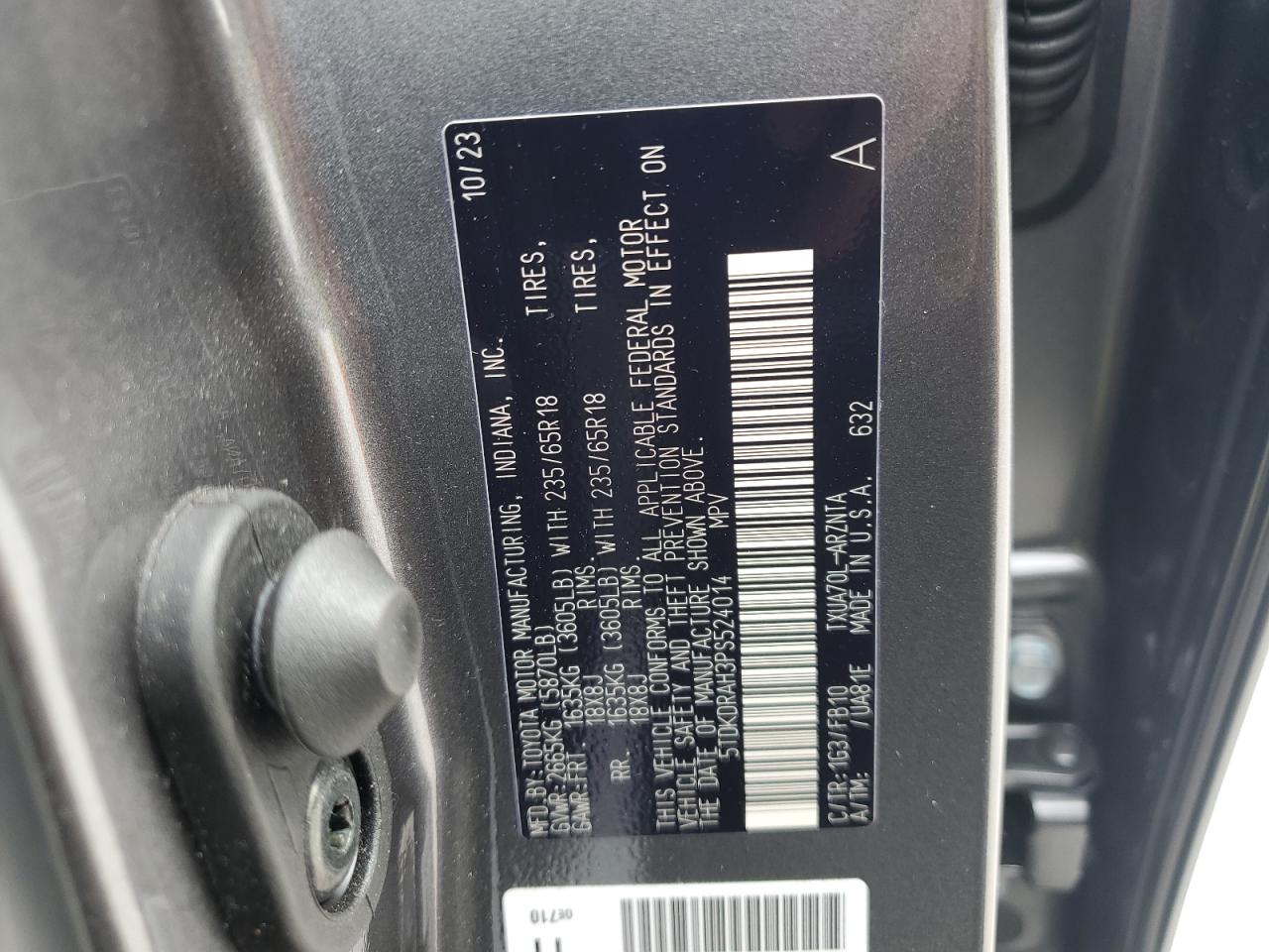 2023 TOYOTA HIGHLANDER L VIN:5TDKDRAH3PS524014