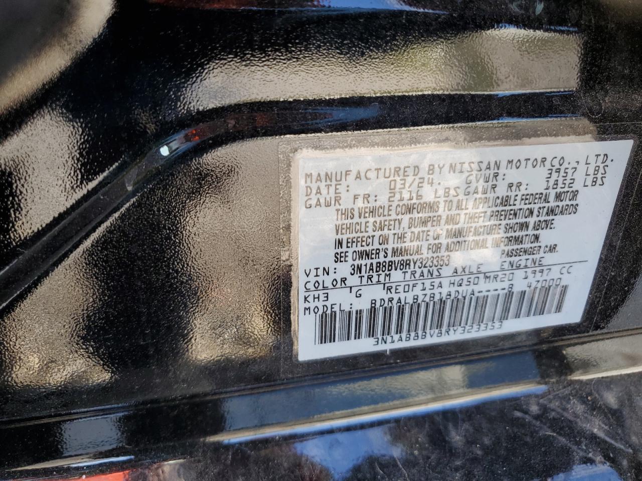2024 NISSAN SENTRA S VIN:3N1AB8BV8RY323353