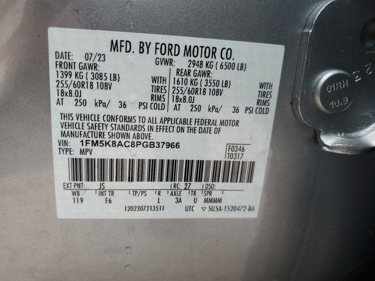 2023 FORD EXPLORER POLICE INTERCEPTOR VIN:1FM5K8AC8PGB37966