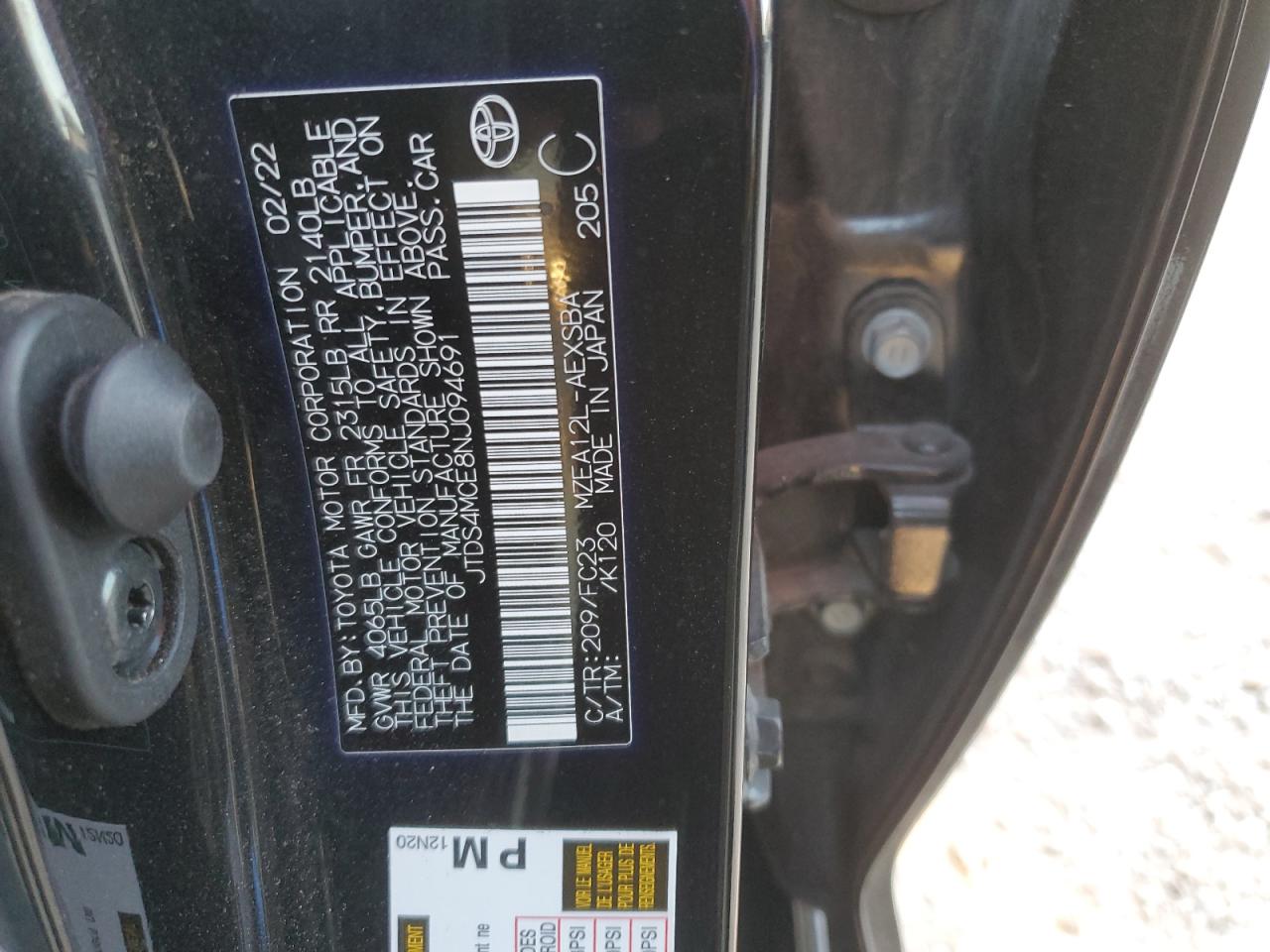 2022 TOYOTA COROLLA SE VIN:JTDS4MCE8NJ094691