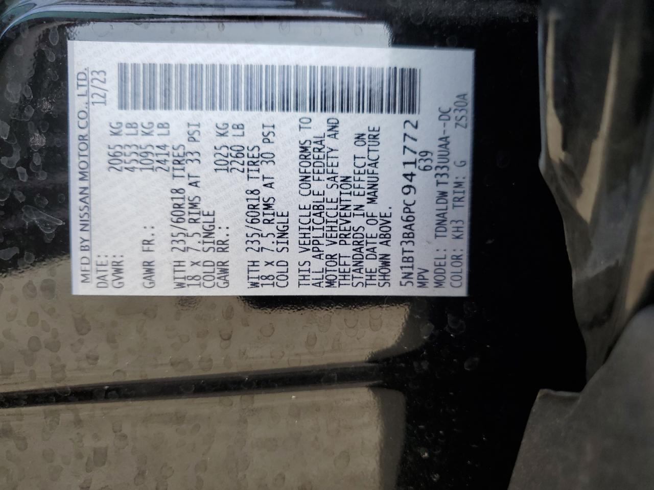 2023 NISSAN ROGUE SV VIN:5N1BT3BA6PC941772