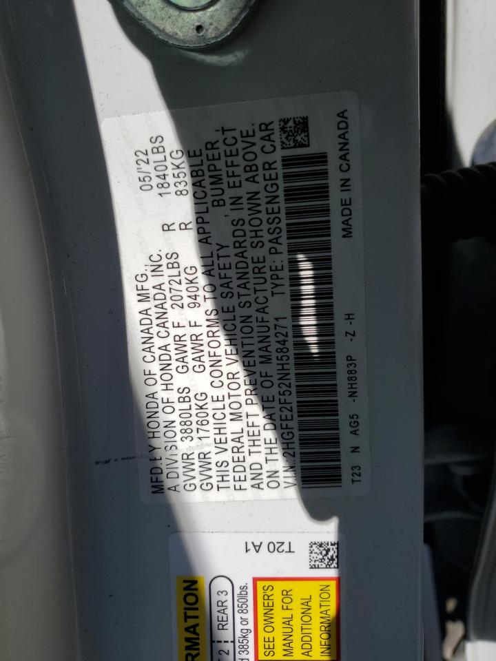 2022 HONDA CIVIC SPORT VIN:2HGFE2F52NH584271