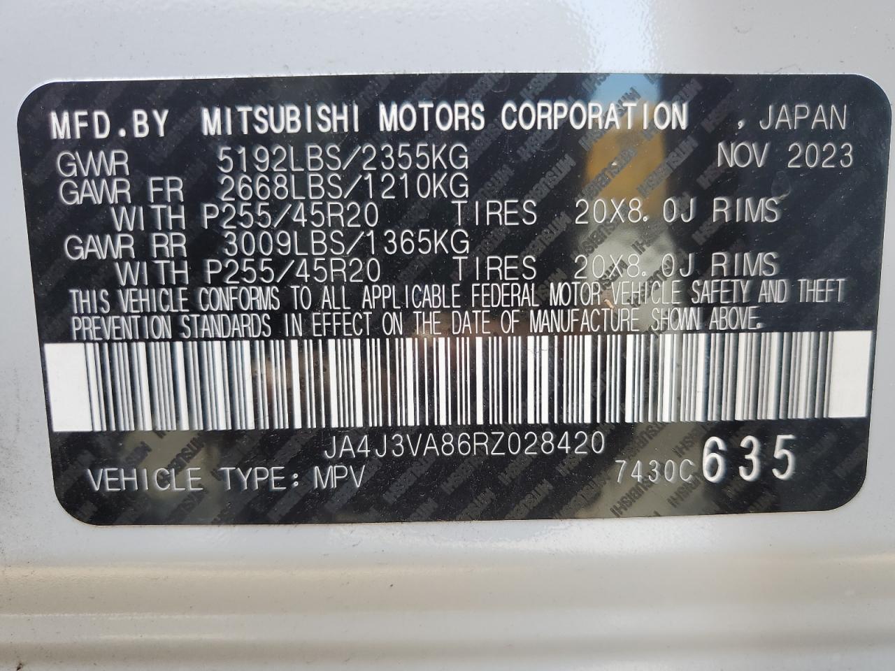 2024 MITSUBISHI OUTLANDER SE VIN:JA4J3VA86RZ028420