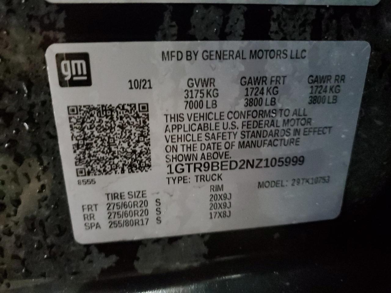 2022 GMC SIERRA LIMITED K1500 SLE VIN:1GTR9BED2NZ105999