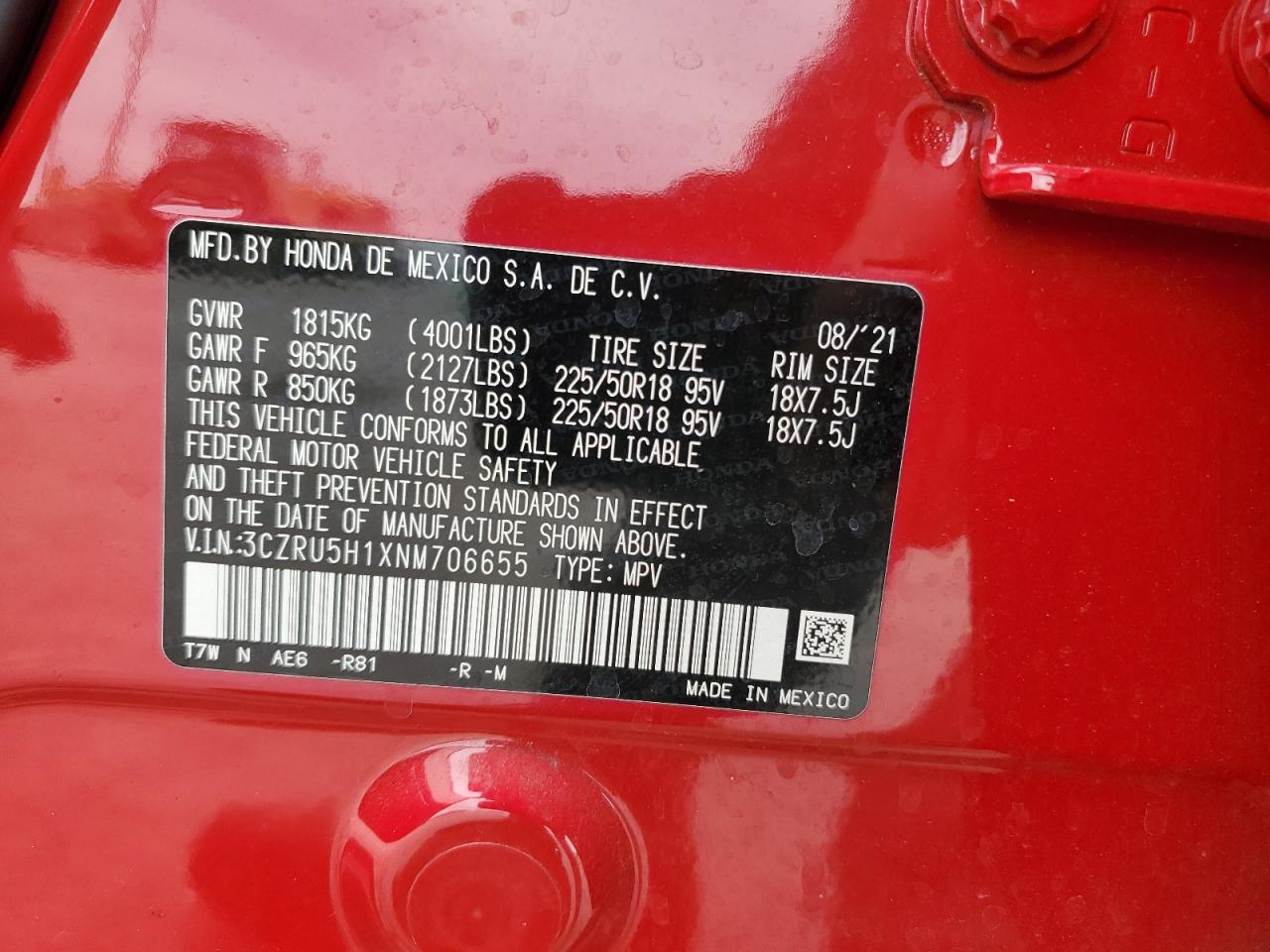 2022 HONDA HR-V SPORT VIN:3CZRU5H1XNM706655