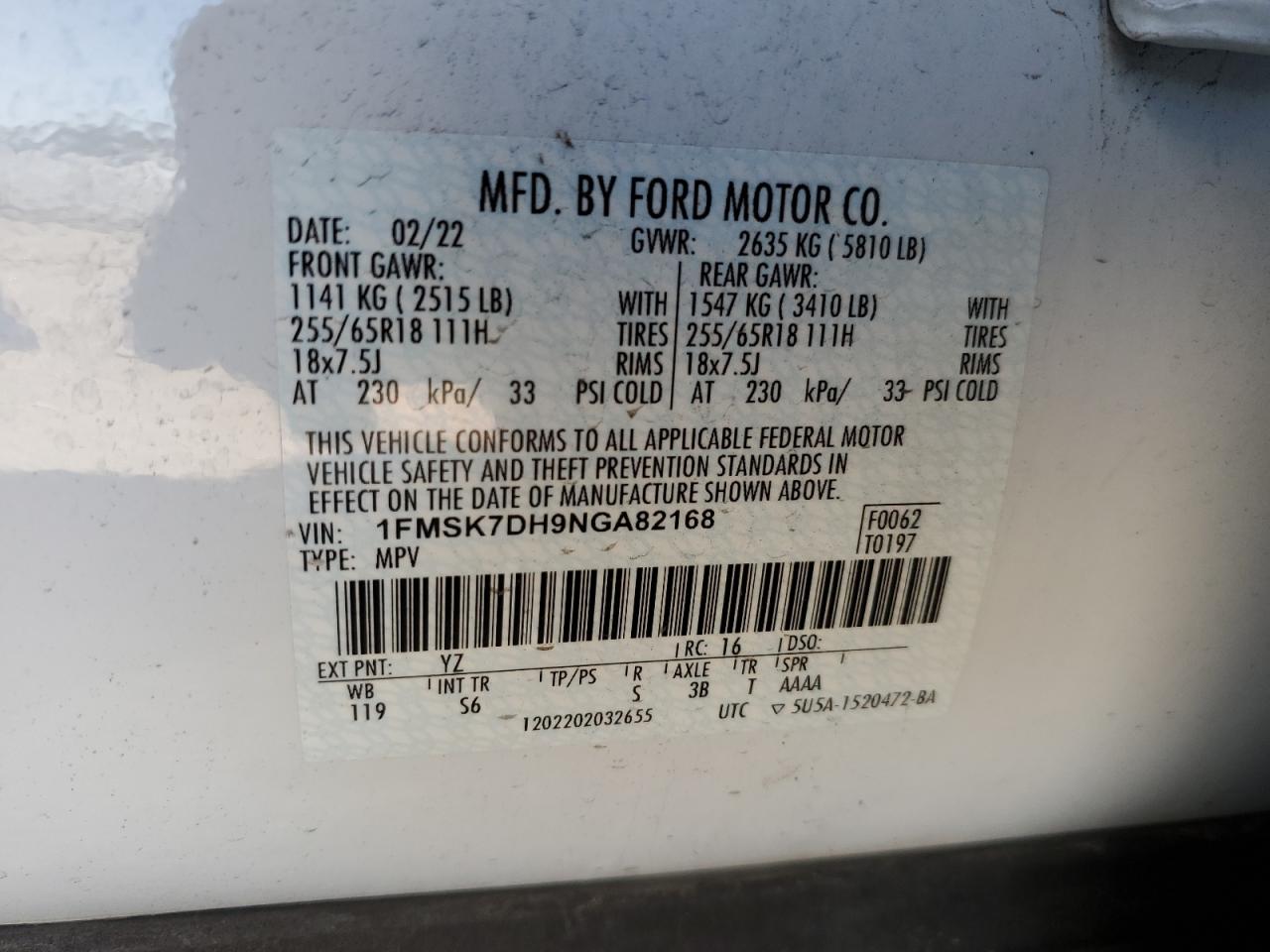 2022 FORD EXPLORER XLT VIN:1FMSK7DH9NGA82168