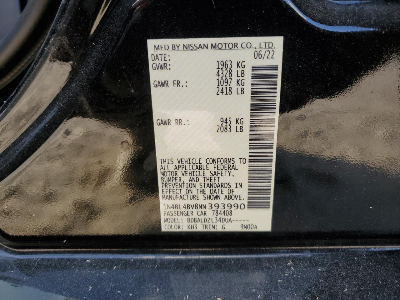 2022 NISSAN ALTIMA S VIN:1N4BL4BV8NN393990