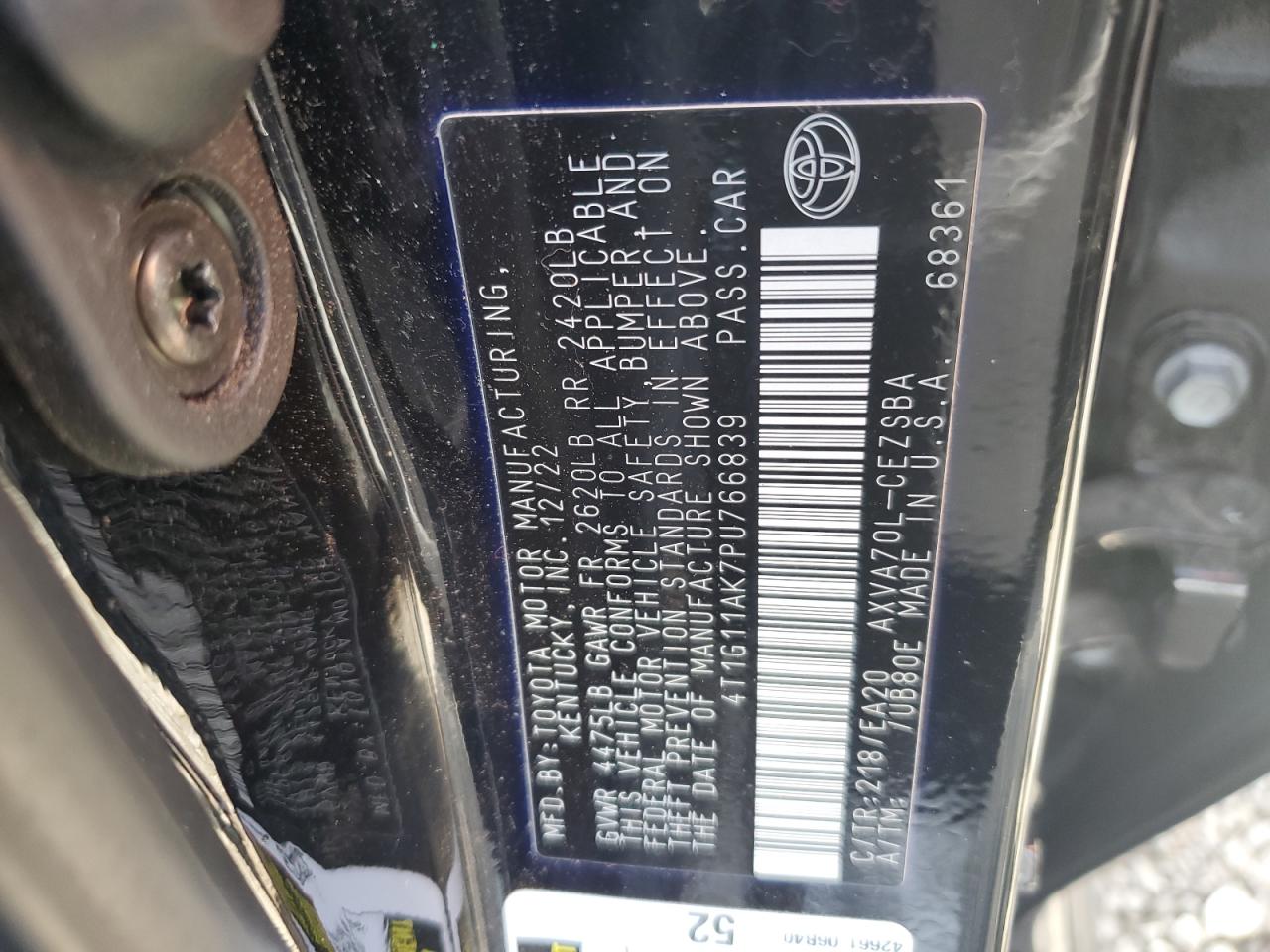 2023 TOYOTA CAMRY SE NIGHT SHADE VIN:4T1G11AK7PU766839