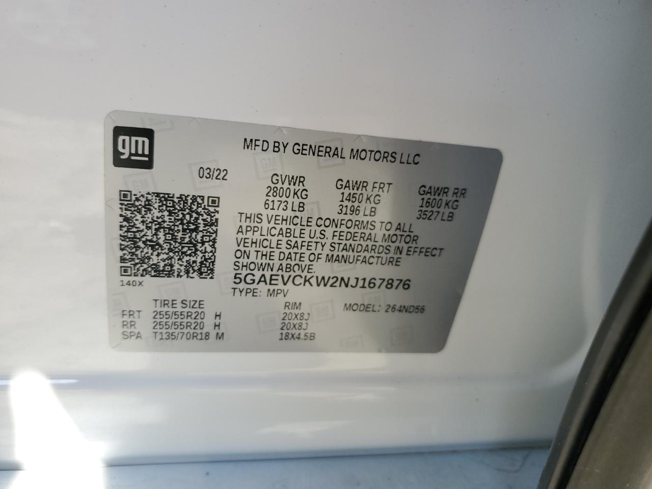 2022 BUICK ENCLAVE AVENIR VIN:5GAEVCKW2NJ167876