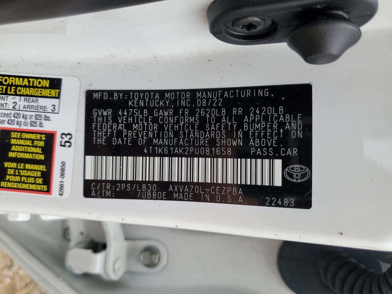 2023 TOYOTA CAMRY XSE VIN:4T1K61AK2PU081658