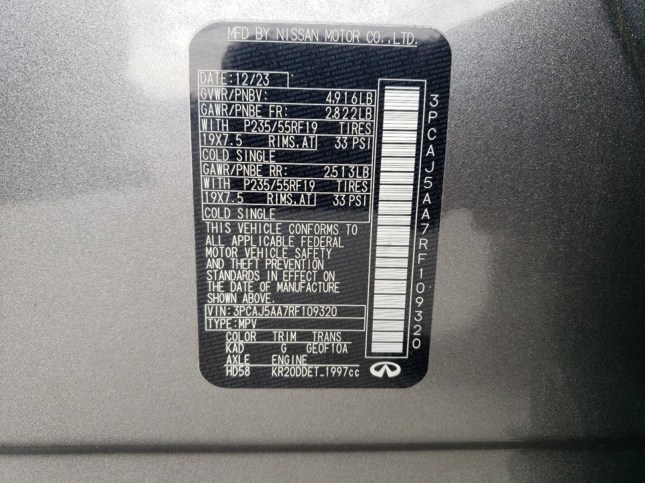 2024 INFINITI QX50 PURE VIN:3PCAJ5AA7RF109320