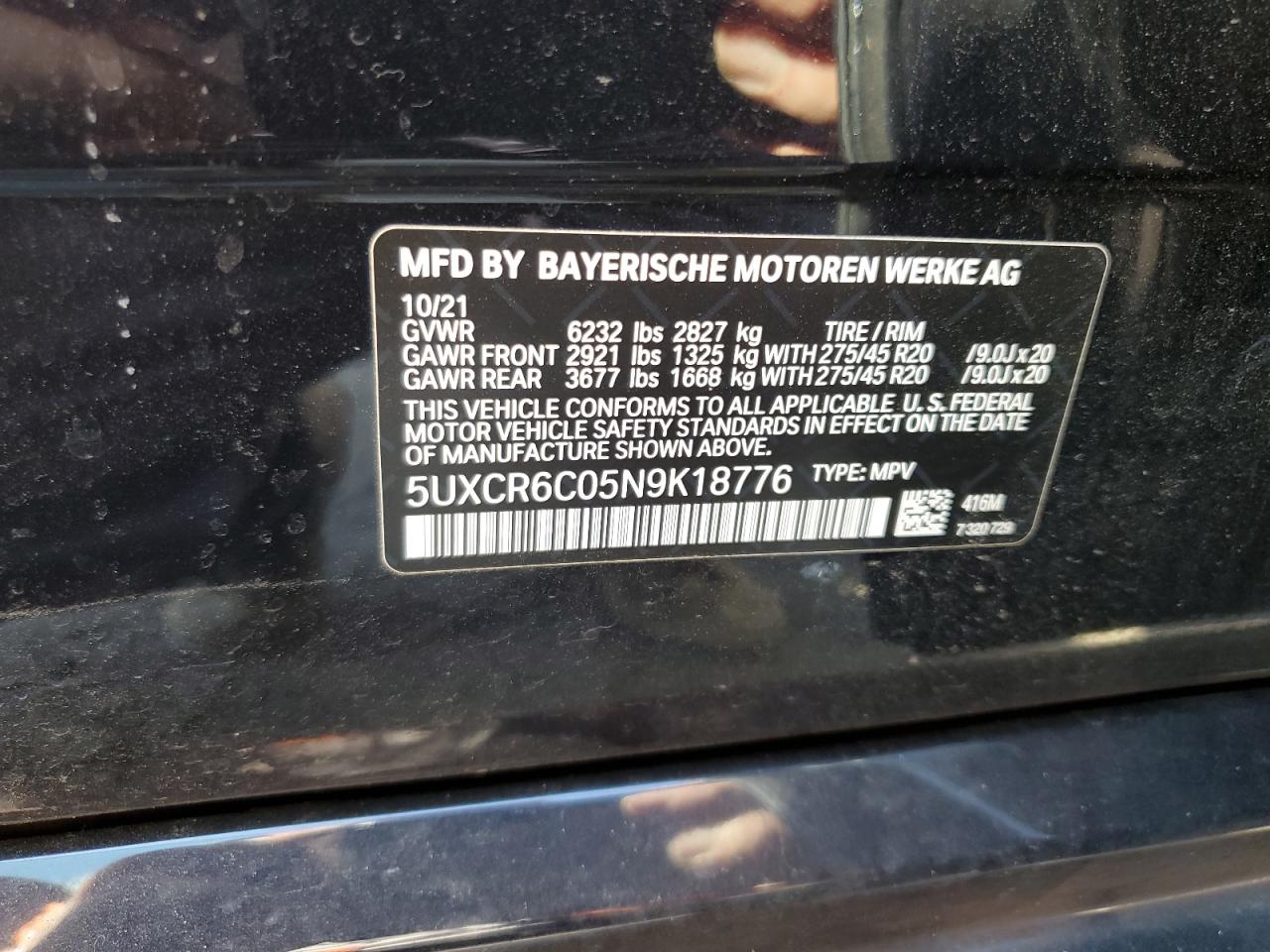 2022 BMW X5 XDRIVE40I VIN:5UXCR6C05N9K18776