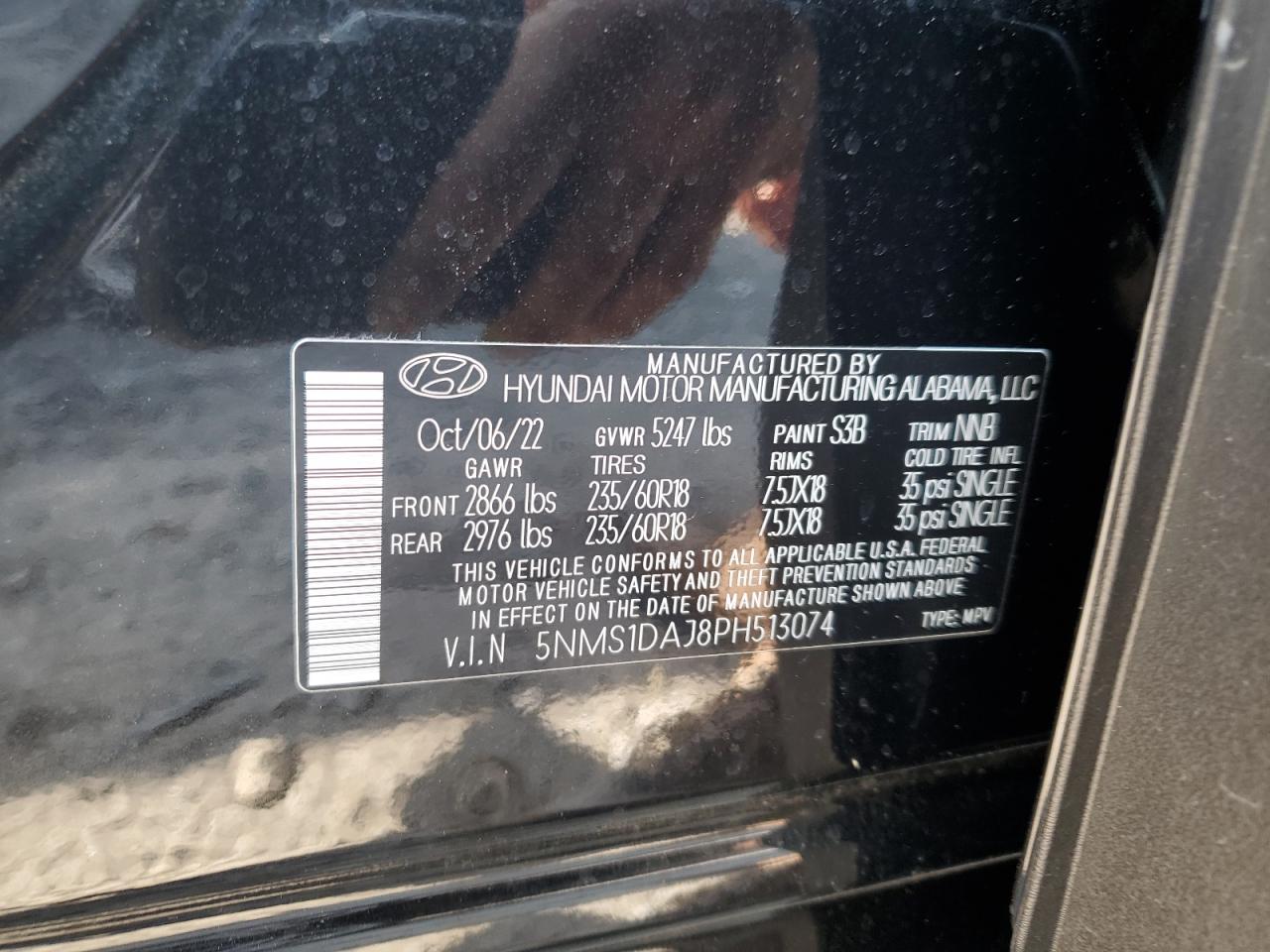 2023 HYUNDAI SANTA FE SE VIN:5NMS1DAJ8PH513074