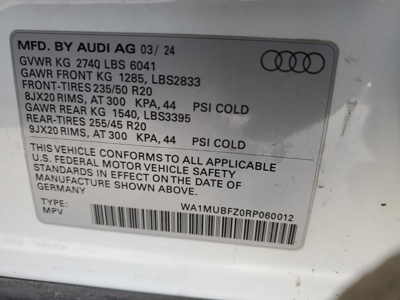 2024 AUDI Q4 E-TRON PRESTIGE VIN:WA1MUBFZ0RP060012
