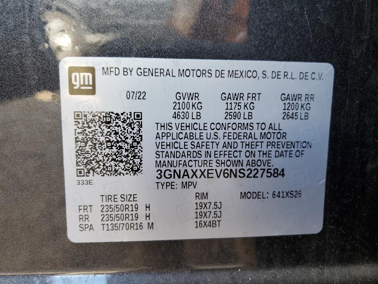 2022 CHEVROLET EQUINOX PREMIER VIN:3GNAXXEV6NS227584