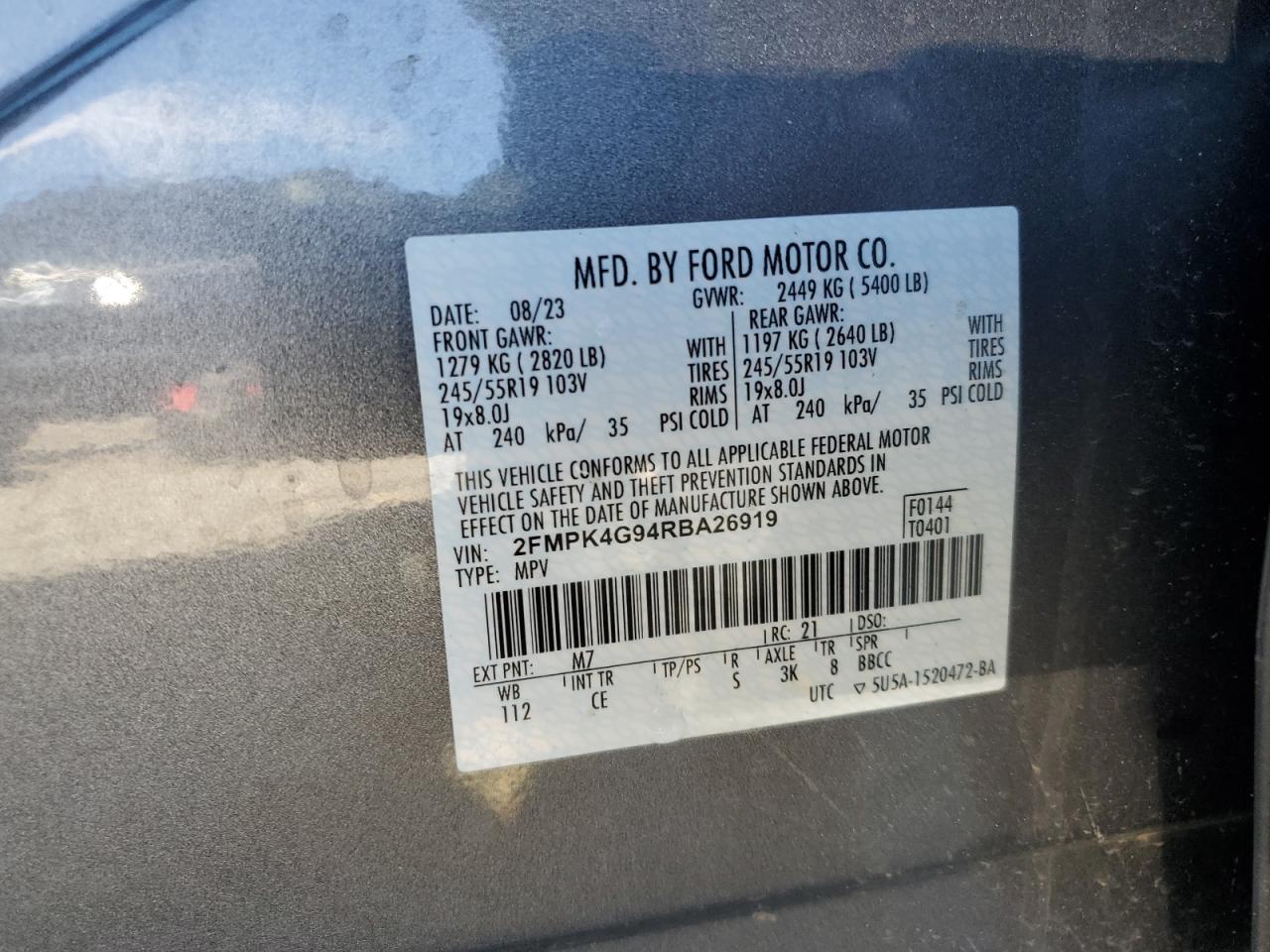 2024 FORD EDGE SE VIN:2FMPK4G94RBA26919