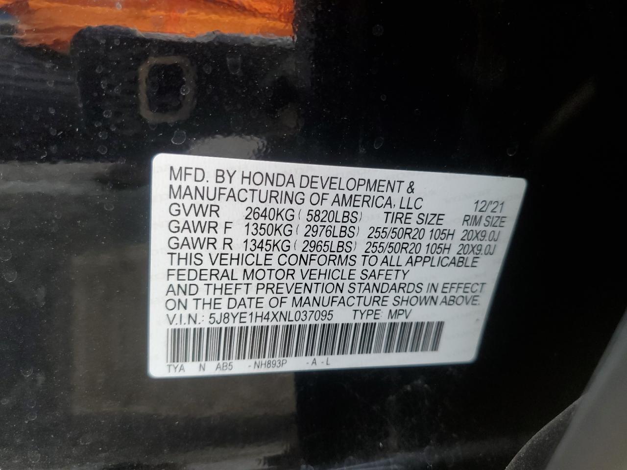 2022 ACURA MDX TECHNOLOGY VIN:5J8YE1H4XNL037095