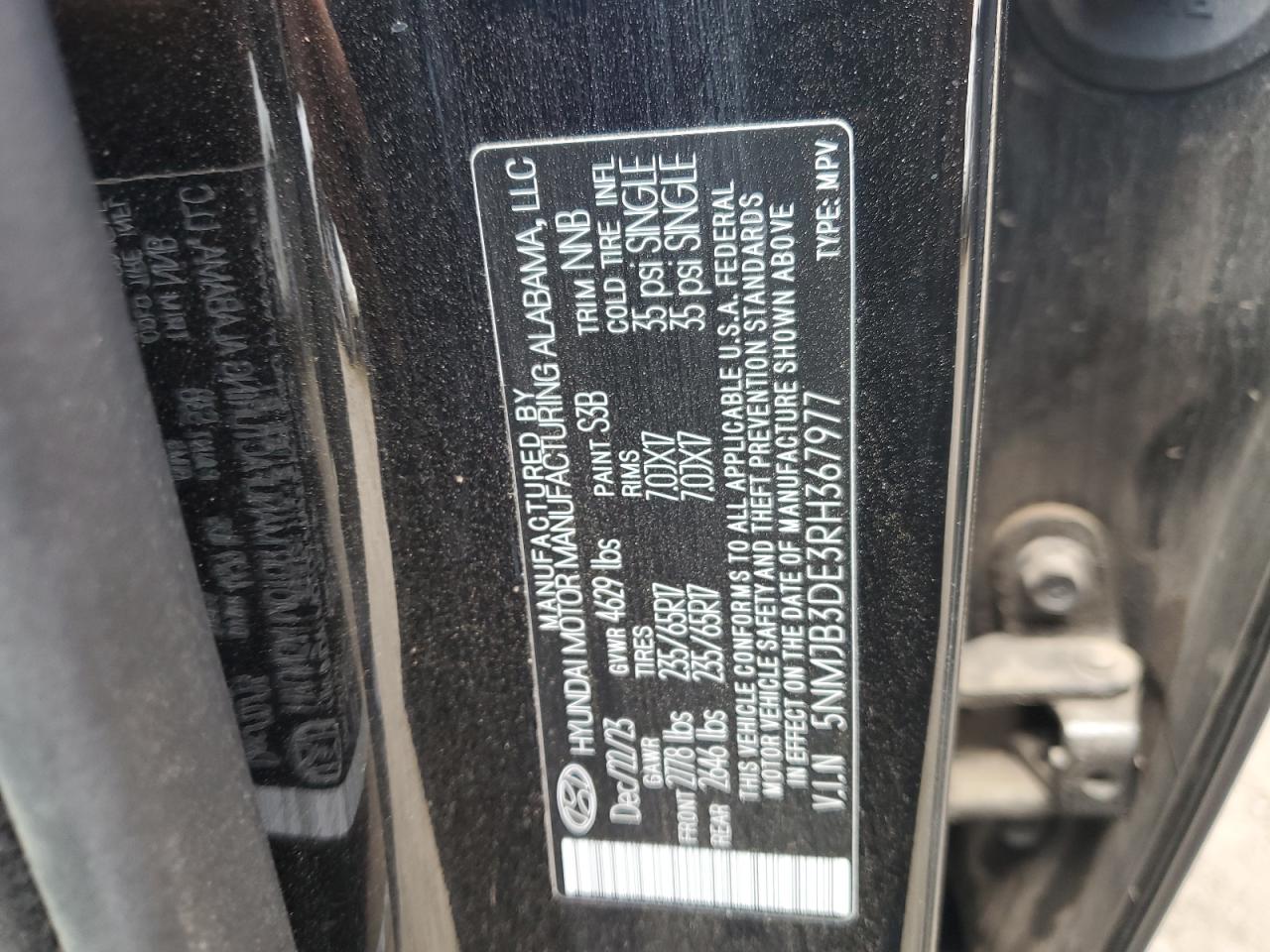 2024 HYUNDAI TUCSON SEL VIN:5NMJB3DE3RH367977