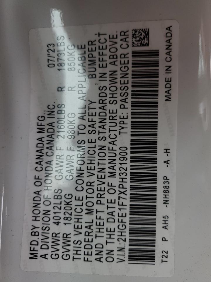 2023 HONDA CIVIC EX VIN:2HGFE1F7XPH321900