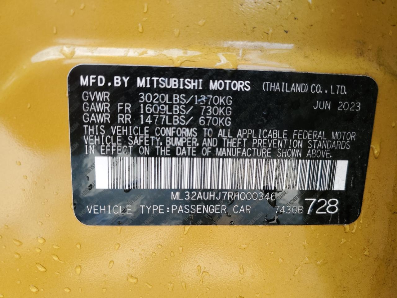 2024 MITSUBISHI MIRAGE ES VIN:ML32AUHJ7RH000346