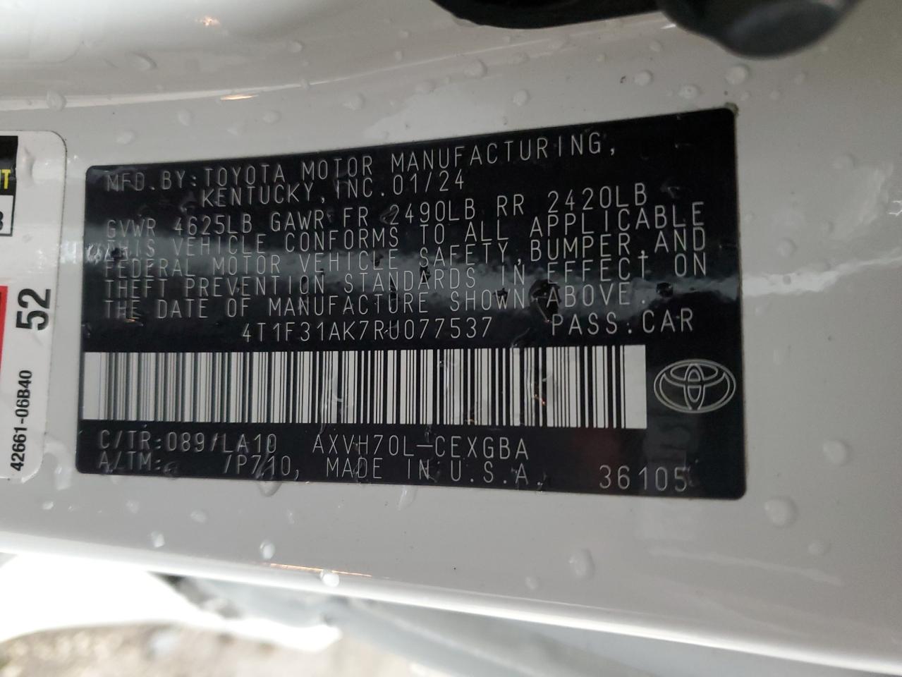 2024 TOYOTA CAMRY XLE VIN:4T1F31AK7RU077537