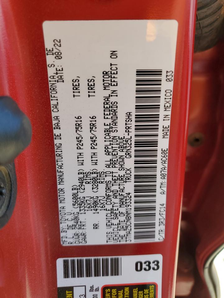 2022 TOYOTA TACOMA DOUBLE CAB VIN:3TMAZ5CN8NM193324