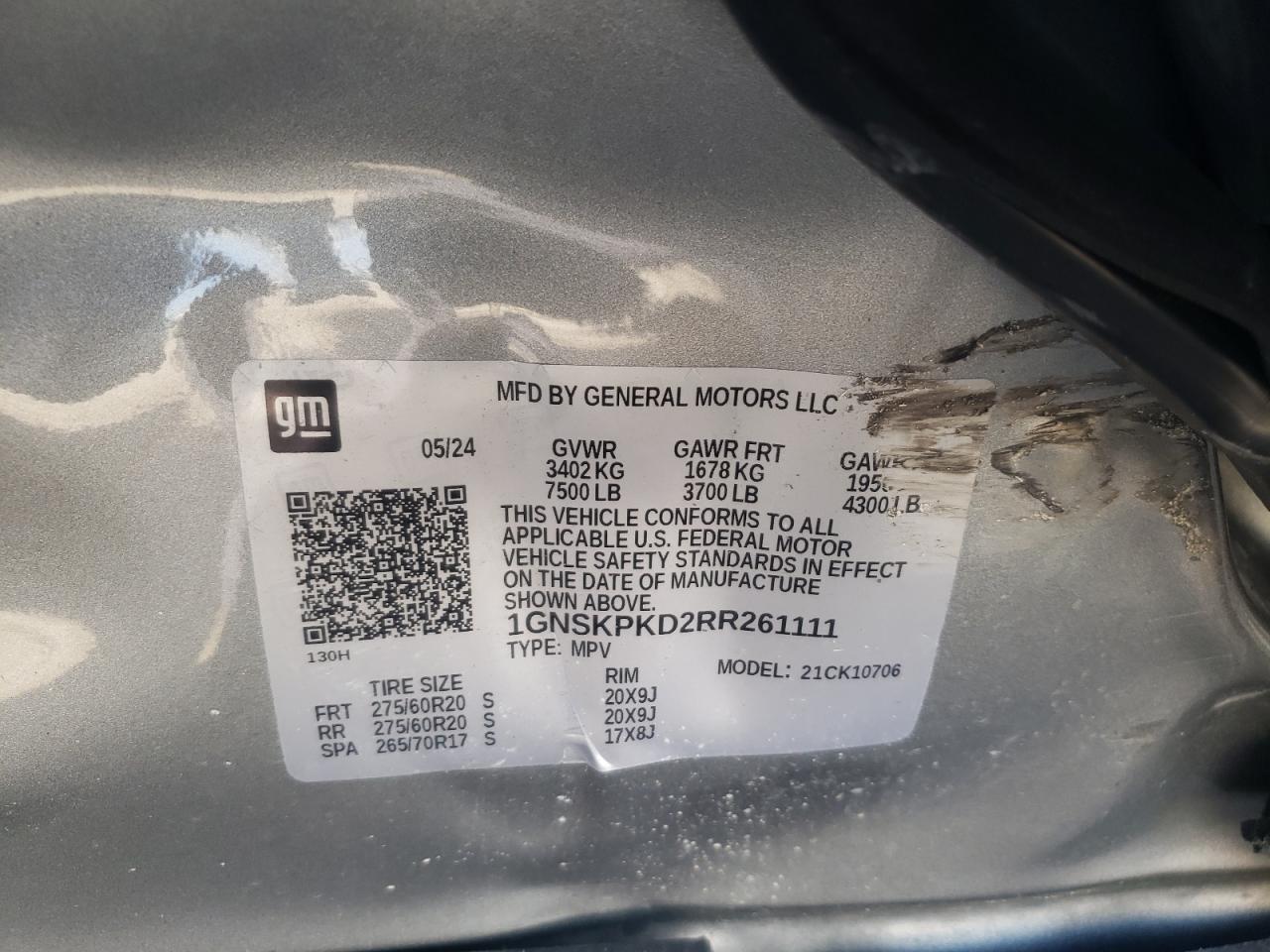 2024 CHEVROLET TAHOE K1500 Z71 VIN:1GNSKPKD2RR261111