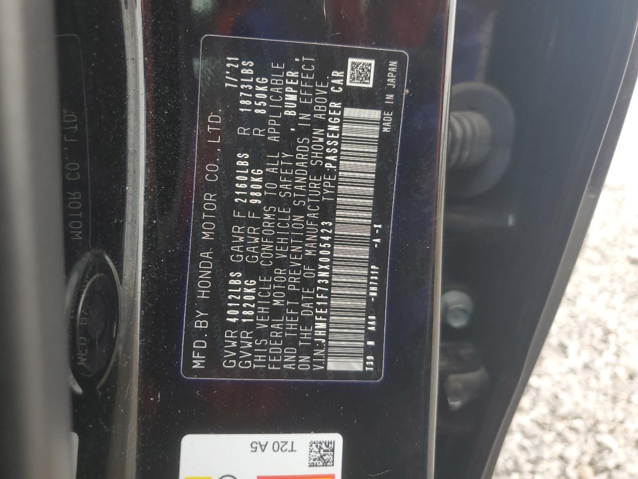 2022 HONDA CIVIC EX VIN:JHMFE1F73NX005423